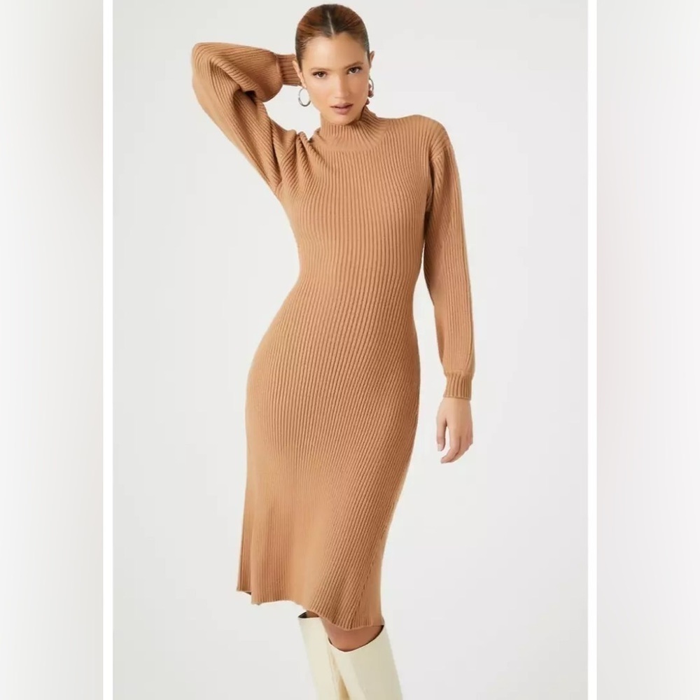 Forever 21 Mock Neck Long Sleeve Ribbed Sweater Dress Back Cutout Size XL